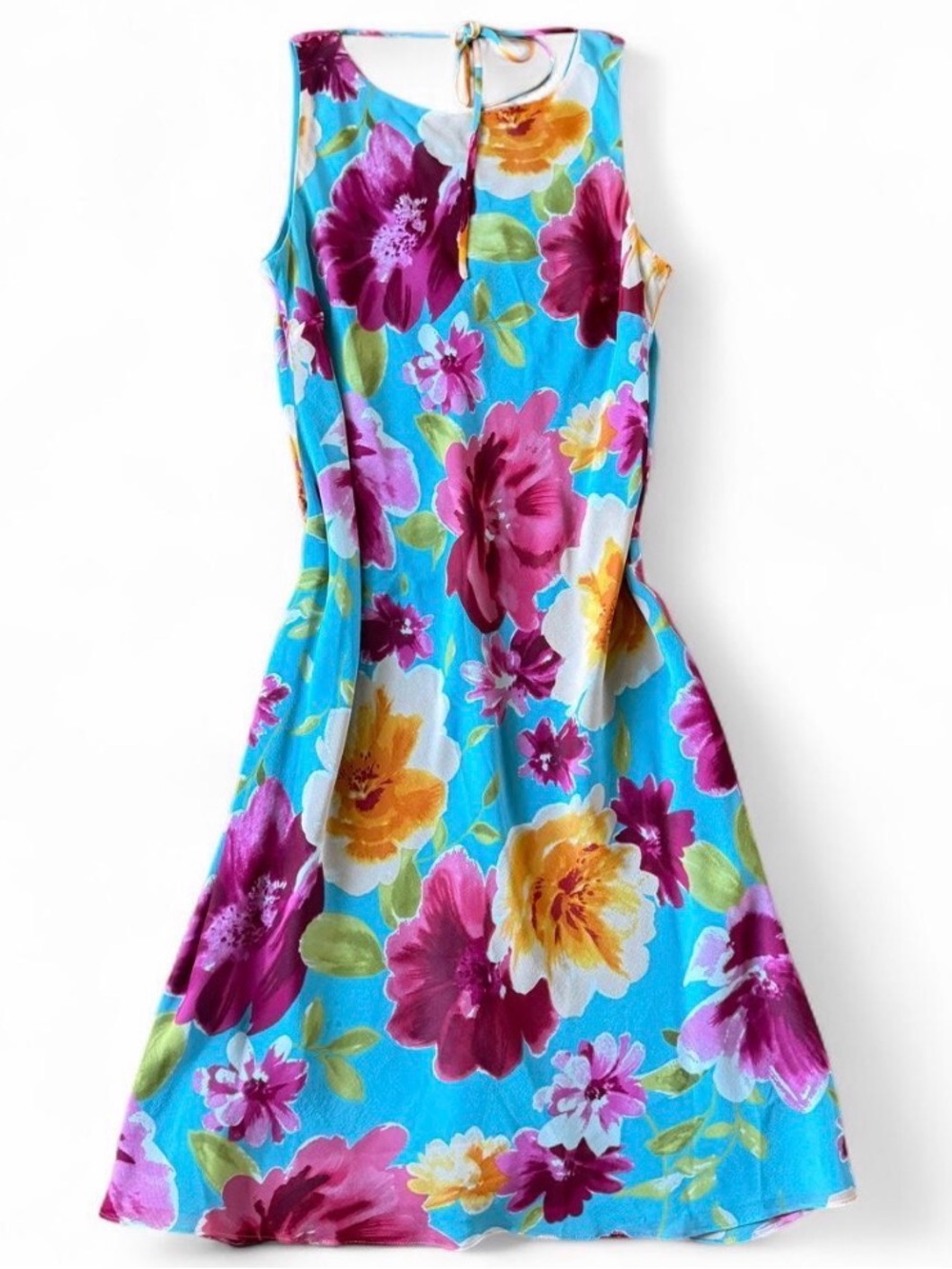 Sleeveless Blue Floral Midi Dress with Pink & Yellow Blooms